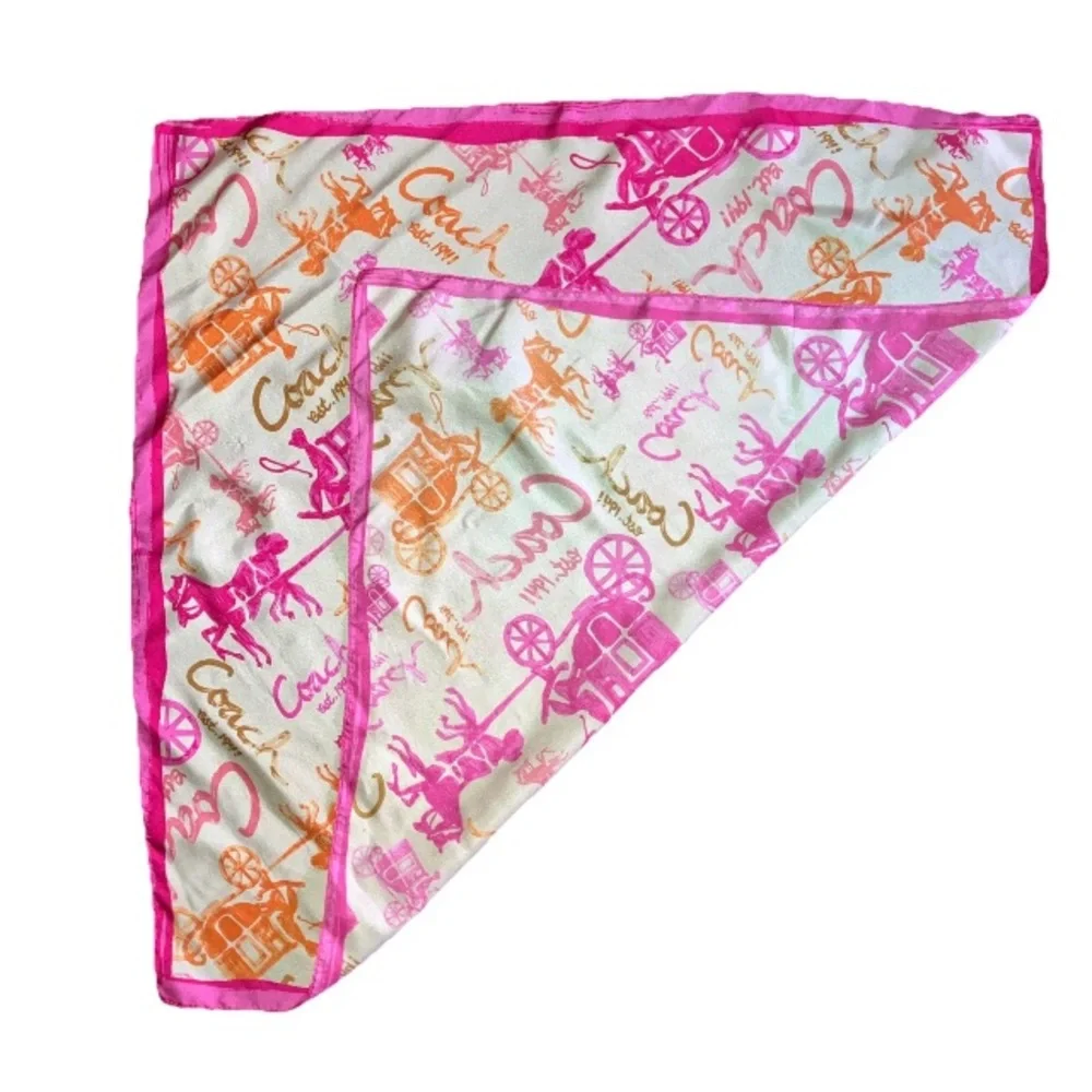 Coach Signature Horse & Carriage Printed Silk Print Square Scarf Womens Pink 26”
